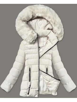 Dámská prošívaná bunda v barvě ecru pro přechodné období s kožešinou u kapuce S'west (B8301-26)