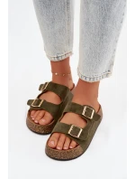 Dámské pantofle na korkové platformě se zlatými sponami Zelená Tovessa