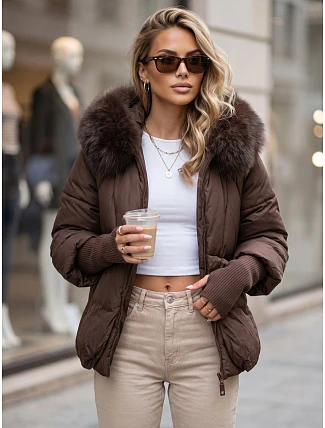 Dámská zimní prošívaná bunda s kožešinou, hnědá, FashionStreet TY5991