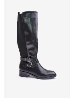 Dámské Kozačky Před Koleno Na Ploché Podpatky S Přezkami Černé Lotina