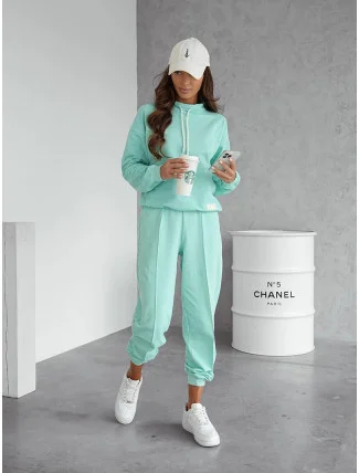 Dámský teplákový komplet v mátové barvě - mikina se stojáčkem a kalhoty (82162)