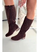 Otevřené dámské vysoké boty na kostku čokoládové Helinna Otevřené dámské vysoké boty na kostku čokoládové Helinna