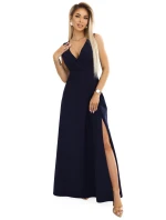 634-1 MIRA elegantní maxi šaty s obálkovým výstřihem a rozparkem na nohou - tmavě modré 634-1 MIRA elegantní maxi šaty s obálkovým výstřihem a rozparkem na nohou - tmavě modré