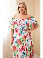 Dámské Plus Size maxi šaty s volánem, odhalenými rameny a elastickým pasem fuchsiové