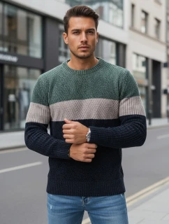 Pánský svetr s kulatým výstřihem zelený a tmavě modrý FashionStreet WX2319