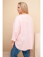 Dámská blůza Plus Size s bavlnou, kapsou a ohrnutým rukávem pudrově růžová Dámská blůza Plus Size s bavlnou, kapsou a ohrnutým rukávem pudrově růžová