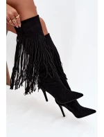 Dámské kozačky na jehlovém podpatku s třásněmi Isalune – černé