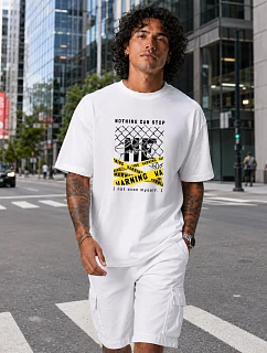 Pánské bavlněné tričko oversize s potiskem bílé FashionStreet NX1033R