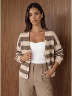 Dámský oversize kardigan s pruhy v barvě fango-béžové, FashionStreet MY2610 Dámský oversize kardigan s pruhy v barvě fango-béžové, FashionStreet MY2610