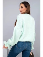 Dámský svetr s přídavkem mohairu s hrubým pletením a ozdobnými rukávy mátový