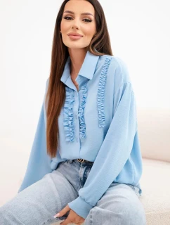 Dámská viskózová košile s dlouhým rukávem a volánky modrá