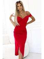 564-10 CALLIE Midi šaty s odhalenými rameny a výstřihem - ČERVENÉ
