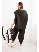 Dámský komplet teplákový z silnějšího materiálu se širokými nohavicemi khaki