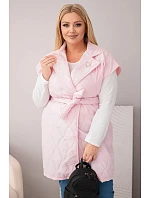 Dámská prošívaná vesta Plus Size s páskem a límcem bonbónově růžová