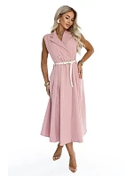 596-6 Elegantní midi košile se zlatými knoflíky a páskem – pudrově růžová