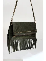 Semišová kabelka s třásněmi na řetízku tmavě zelená Narella