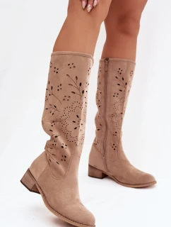 Dámské perforované kozačky na podpatku Helinna – khaki