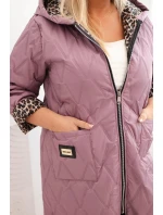 Dámská zimní prošívaná bunda Plus Size s podšívkou v leopardím vzoru a kapucí tmavě růžová