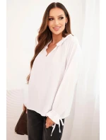 Dámská blůza z viskózy s V výstřihem a zavazováním u rukávů bílá