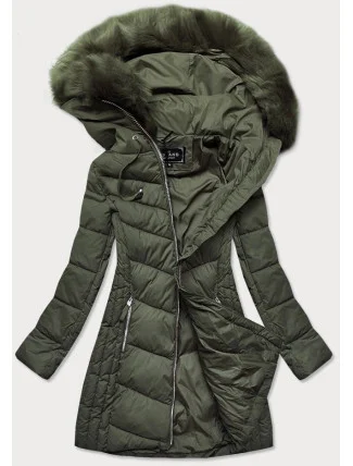 Dlouhá dámská prošívaná zimní bunda v khaki barvě (7689)