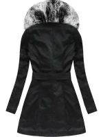 Černo-šedý kabát z ekologické kůže s kožešinovým límcem Libland (LD-5518)