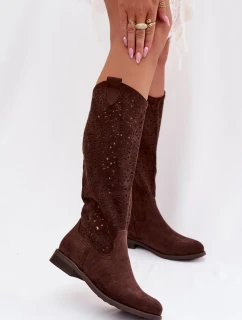 Dámské síťované kozačky na nízkém podpatku S.Barski HY61-8023 Čokoládové