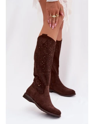 Dámské síťované kozačky na nízkém podpatku S.Barski HY61-8023 Čokoládové