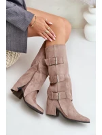 Kozačky Na Podpatku S Ohnutou Holení A Přezkami Béžové Vamissa