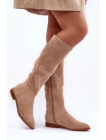 Kůže Kozačky S Plochou Podpatek Bežové Eelin Kůže Kozačky S Plochou Podpatek Bežové Eelin