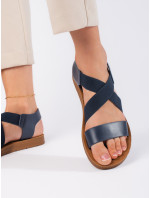 Módní modré dámské  sandály na plochém podpatku