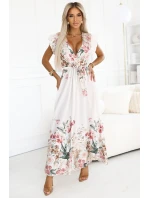 609-1 Saténové maxi šaty s výstřihem a květinovým ombre - elegance v boho stylu