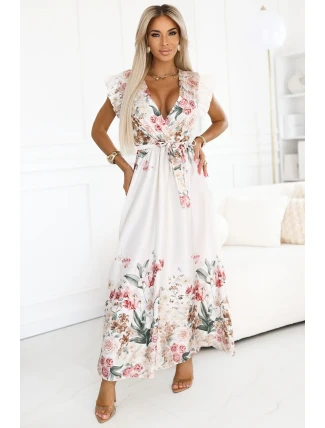 609-1 Saténové maxi šaty s výstřihem a květinovým ombre - elegance v boho stylu