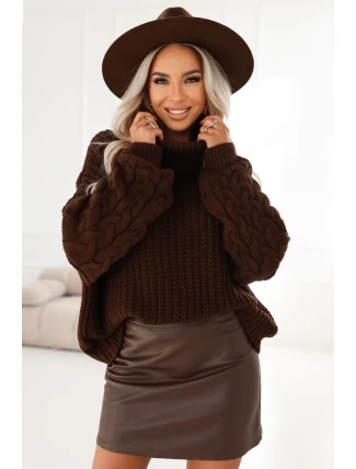650-1 Teplý rolák oversize s širokými rukávy - čokoládový