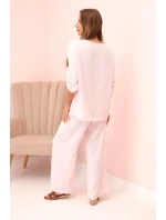 Dámský komplet s halenkou s náhrdelníkem a širokými nohavicemi pudrově růžová