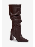 Zateplené dámské kozačky na podpatku s mašlí v hnědé barvě Dariane