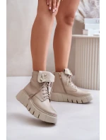 Zazoo 60511 Kožené Boty Dámské Na Platformě Zateplené Béžové