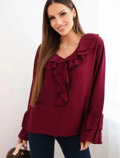 Dámská blůza z viskózy s volány a dlouhým rukávem bordová