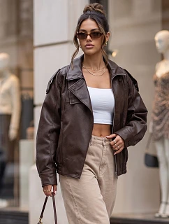 Dámská kožená bunda s stojáčkem, hnědá, FashionStreet TY5961