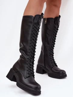 Dámské zateplené šněrovací kozačky na nízkém podpatku Vinceza – černé, pravá kůže