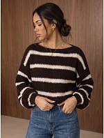 Dámský oversize svetr s pruhy a nastavitelným pasem, hnědý, FashionStreet MY2613 Dámský oversize svetr s pruhy a nastavitelným pasem, hnědý, FashionStreet MY2613