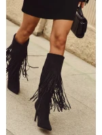 Dámské kozačky na jehlovém podpatku s třásněmi Isalune – černé