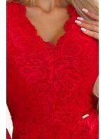 170-16 Krajkové šaty s dlouhými rukávy a výstřihem - ČERVENÉ