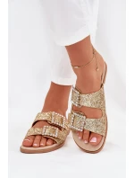 Lesklé zdobené pantofle s přezkami na plochém podpatku zlaté Tovira