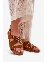 Dámské Sandály Na Plochém Podpatku Se Zlatými Hřeby Karamel Zanira
