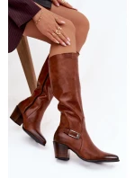 Kožené Kozačky Na Podpatku S Přezkou Zateplené Zazoo 70156 Hnědé