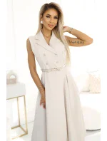 596-1 Elegantní midi košilka se zlatými knoflíky a páskem - BEACH 596-1 Elegantní midi košilka se zlatými knoflíky a páskem - BEACH