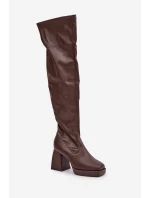 Přiléhavé kozačky nad kolena na podpatku tmavě hnědé Sanniraen