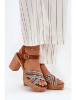 Kožené Sandály Na Podpatku S Pletením Na Páscích Hnědé Zazoo 40460