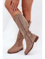 Dámské kozačky na nízkém podpatku s perforovaným vzorem S.Barski – béžové, eko kůže