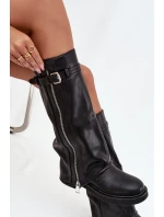 Dámské kozačky s ohrnovaným svrškem, sponou a stříbrným zipem, zateplené Bressa – černé
